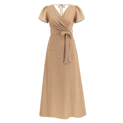 V-Neck Slim Fit Dress Long Party Brilliant Lace up Dress