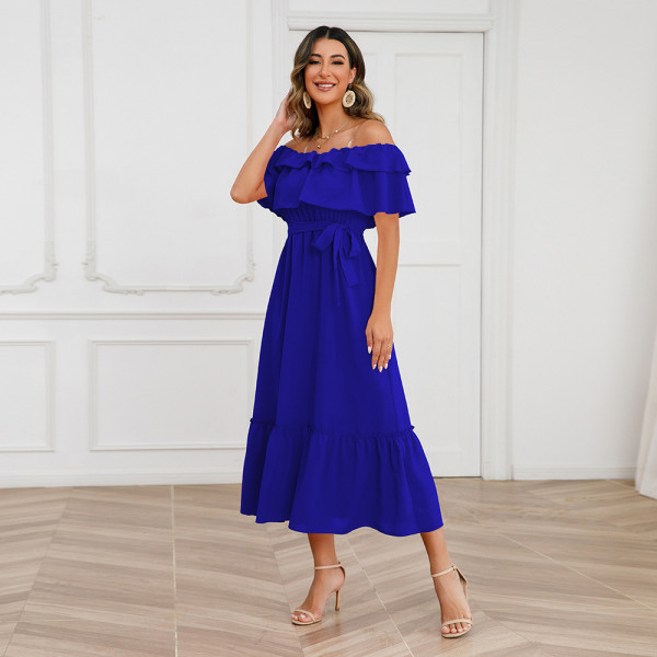 Solid Color Sexy One Line Neck Off Shoulder Mid length Dress Fashion Beach Skirt