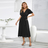 V-neck bubble sleeved pleated skirt slimming temperament long dress