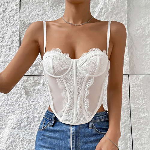 Steel ring fishbone breasted diamond lace suspender vest