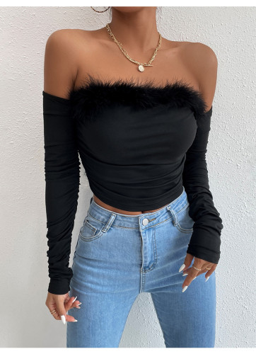 Vintage fur collar bra long sleeved top, off back, off shoulder top