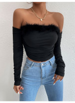 Vintage fur collar bra long sleeved top, off back, off shoulder top Vintage fur collar bra long sleeved top, off back, off shoulder top