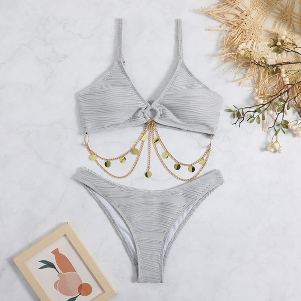 Pleated fabric split style swimsuit sexy hanging chain swimsuit bikini