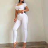Sports yoga set knitted solid color square neck short sleeved ultra short pullover top+high waisted leggings