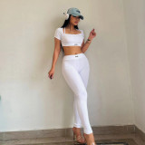 Sports yoga set knitted solid color square neck short sleeved ultra short pullover top+high waisted leggings