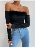 Vintage fur collar bra long sleeved top, off back, off shoulder top