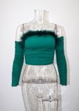 Vintage fur collar bra long sleeved top, off back, off shoulder top