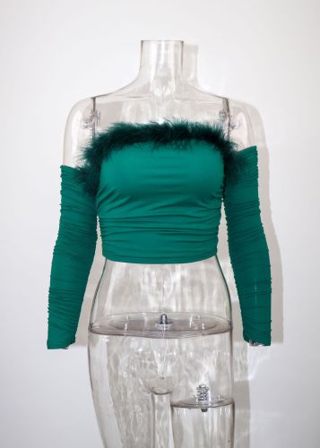 Vintage fur collar bra long sleeved top, off back, off shoulder top