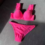 Solid Split Style Swimwear Bikini Hard Cup Pleated Fleece Strap Swimwear