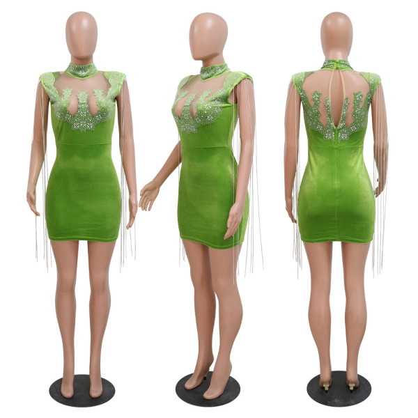 Fashionable and Sexy Waist Closing Velvet Hot Diamond Hand Shake Bag Hip Show Body Dress