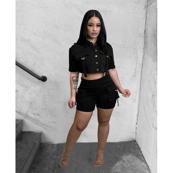 Button Multi Pocket Short Two Piece Solid Color Elastic Short Sleeve Commuter Workwear