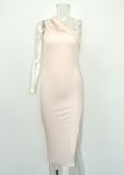 Sexy slit dress with sloping shoulder straps, irregular slim fitting and slimming dress