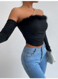 Vintage fur collar bra long sleeved top, off back, off shoulder top
