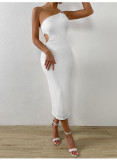 Adjustable single shoulder strap slim fitting suspender dress with exposed backpack buttocks and sexy bottom skirt
