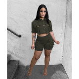 Button Multi Pocket Short Two Piece Solid Color Elastic Short Sleeve Commuter Workwear