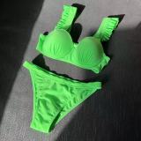 Solid Split Style Swimwear Bikini Hard Cup Pleated Fleece Strap Swimwear