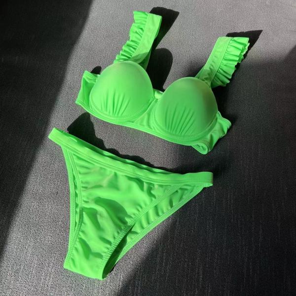 Solid Split Style Swimwear Bikini Hard Cup Pleated Fleece Strap Swimwear