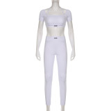 Sports yoga set knitted solid color square neck short sleeved ultra short pullover top+high waisted leggings