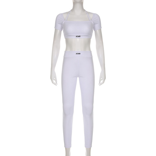 Sports yoga set knitted solid color square neck short sleeved ultra short pullover top+high waisted leggings