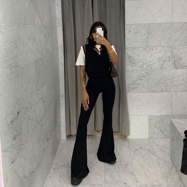 Casual Solid Color High Waist Slim Fit Flare Pants