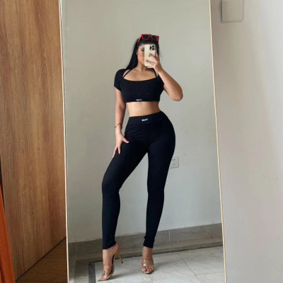Sports yoga set knitted solid color square neck short sleeved ultra short pullover top+high waisted leggings