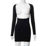 Open back long sleeved front and back wearing a short dress