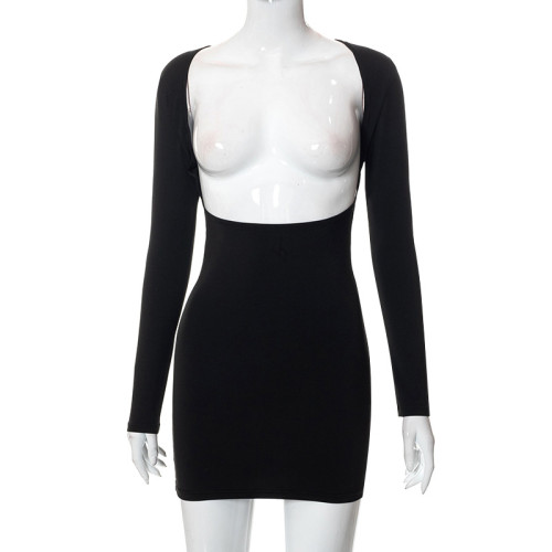 Open back long sleeved front and back wearing a short dress