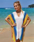 Beach cover shirt, hollowed out knit rainbow vacation bikini cover shirt, sun protection suit