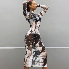 Fashionable printed mesh long sleeved standing neck long fitting dress