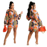 Sexy and loose fitting shirt skirts with waistband, fashionable retro printed lapel and button up long sleeves