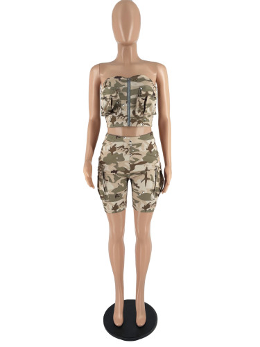 Solid color short sleeved shorts two-piece camouflage pocket elastic casual set