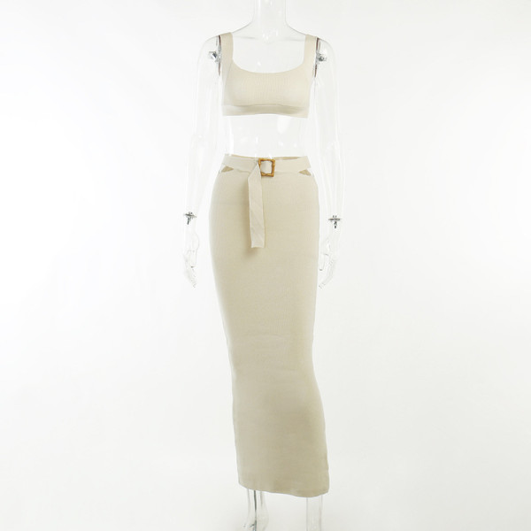 Long Dress Casual Two Piece Set Sexy Wrap Hip Slim Slim Slim Sling Top Belt Temperament Half Skirt Set