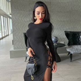 Slanted Split Lace Long Sleeve Dress