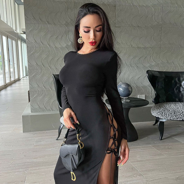 Slanted Split Lace Long Sleeve Dress