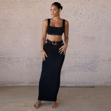 Long Dress Casual Two Piece Set Sexy Wrap Hip Slim Slim Slim Sling Top Belt Temperament Half Skirt Set