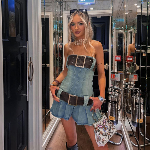 Trendy, Sexy, Slim Fit, Chest Showing, Spicy Girl Dress with 100 pleats on the chest design, Hip Wrap Short Skirt