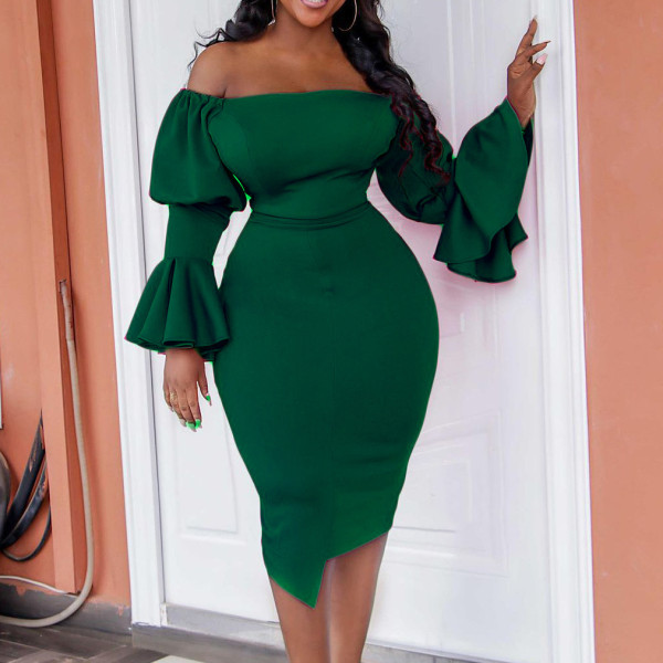 Large Women's Flare Sleeves Wrapped Hip Tight Fashion Dress