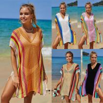 Beach cover shirt, hollowed out knit rainbow vacation bikini cover shirt, sun protection suit