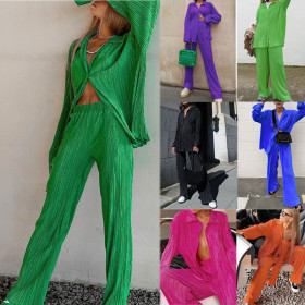Women's solid color drape loose and smooth pleated casual two-piece set