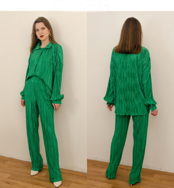 Women's solid color drape loose and smooth pleated casual two-piece set