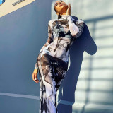 Fashionable printed mesh long sleeved standing neck long fitting dress
