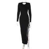Slanted Split Lace Long Sleeve Dress