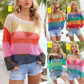 Hollow out hoodie holiday knit long sleeved sun protection shirt rainbow shirt