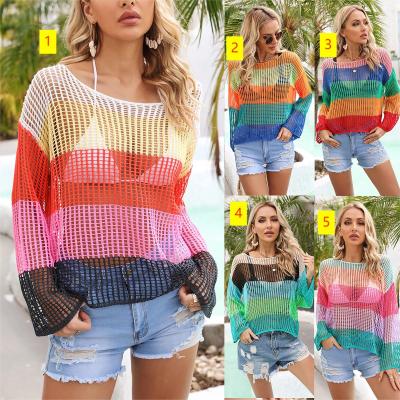 Hollow out hoodie holiday knit long sleeved sun protection shirt rainbow shirt