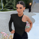 Tight fitting half sleeved jumpsuit sexy one shoulder pleated jumpsuit