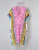 Beach cover shirt, hollowed out knit rainbow vacation bikini cover shirt, sun protection suit