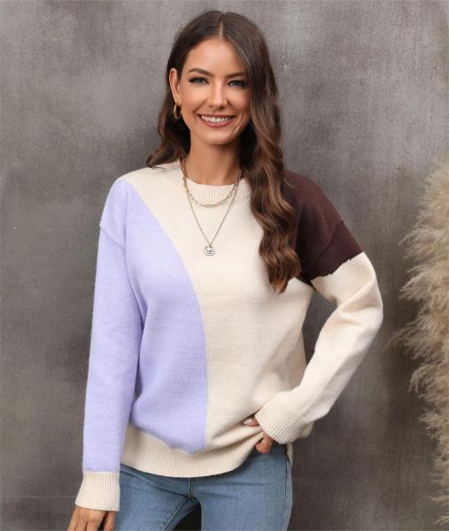 Pullover, patchwork, color matching, oversized slim fitting bottom knit sweater for women
