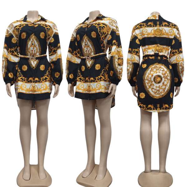 Sexy and loose fitting shirt skirts with waistband, fashionable retro printed lapel and button up long sleeves