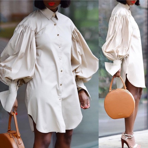 Large Women's Loose Bubble Sleeves Solid Color Long Sleeve Shirt Skirt Foreign Trade Dress