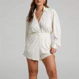 Fashion V-neck pleated long sleeved lapel shorts fashion set